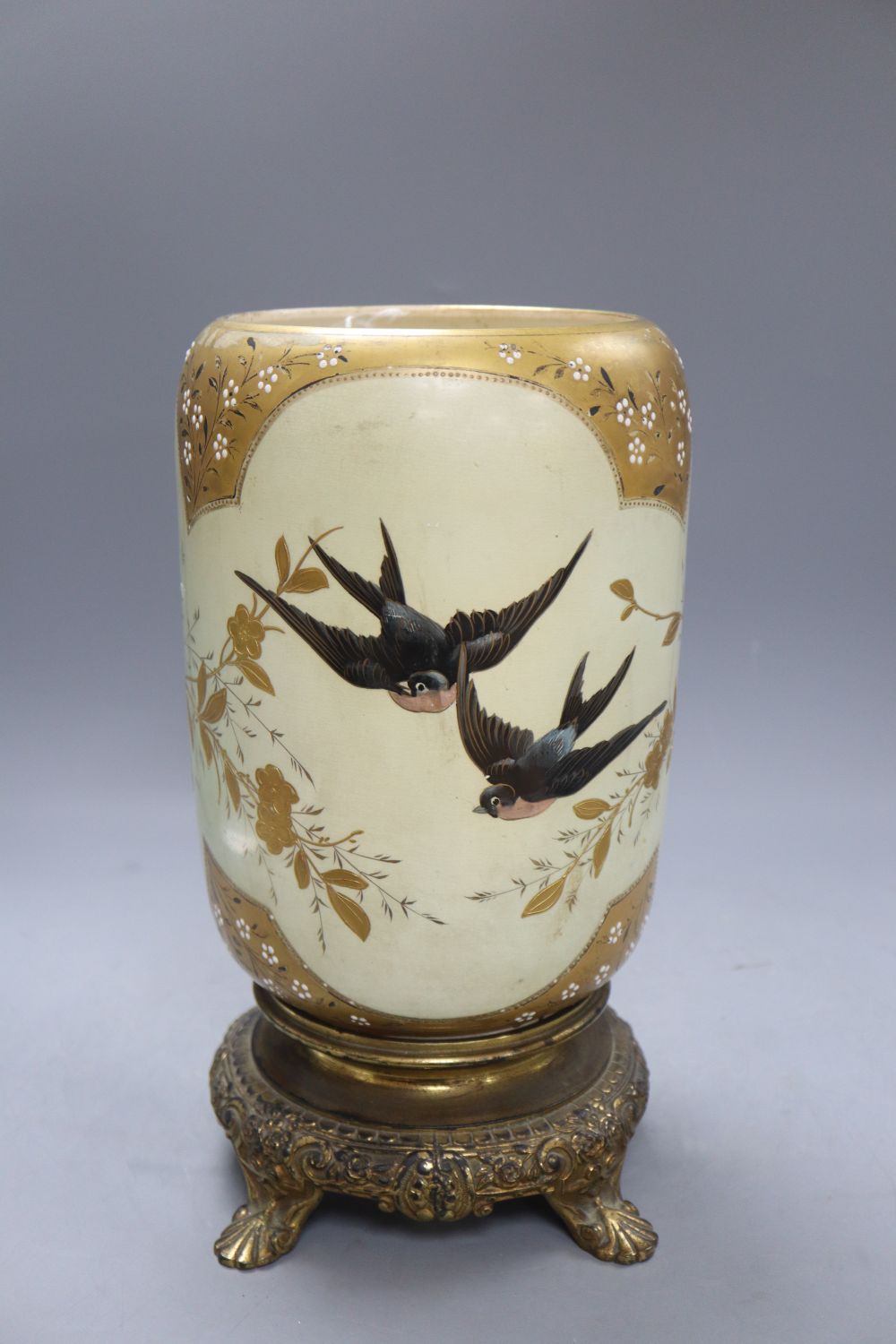 A Satsuma vase decorated in gilt with a bluebird, on stand, c.1880, overall height 34cm